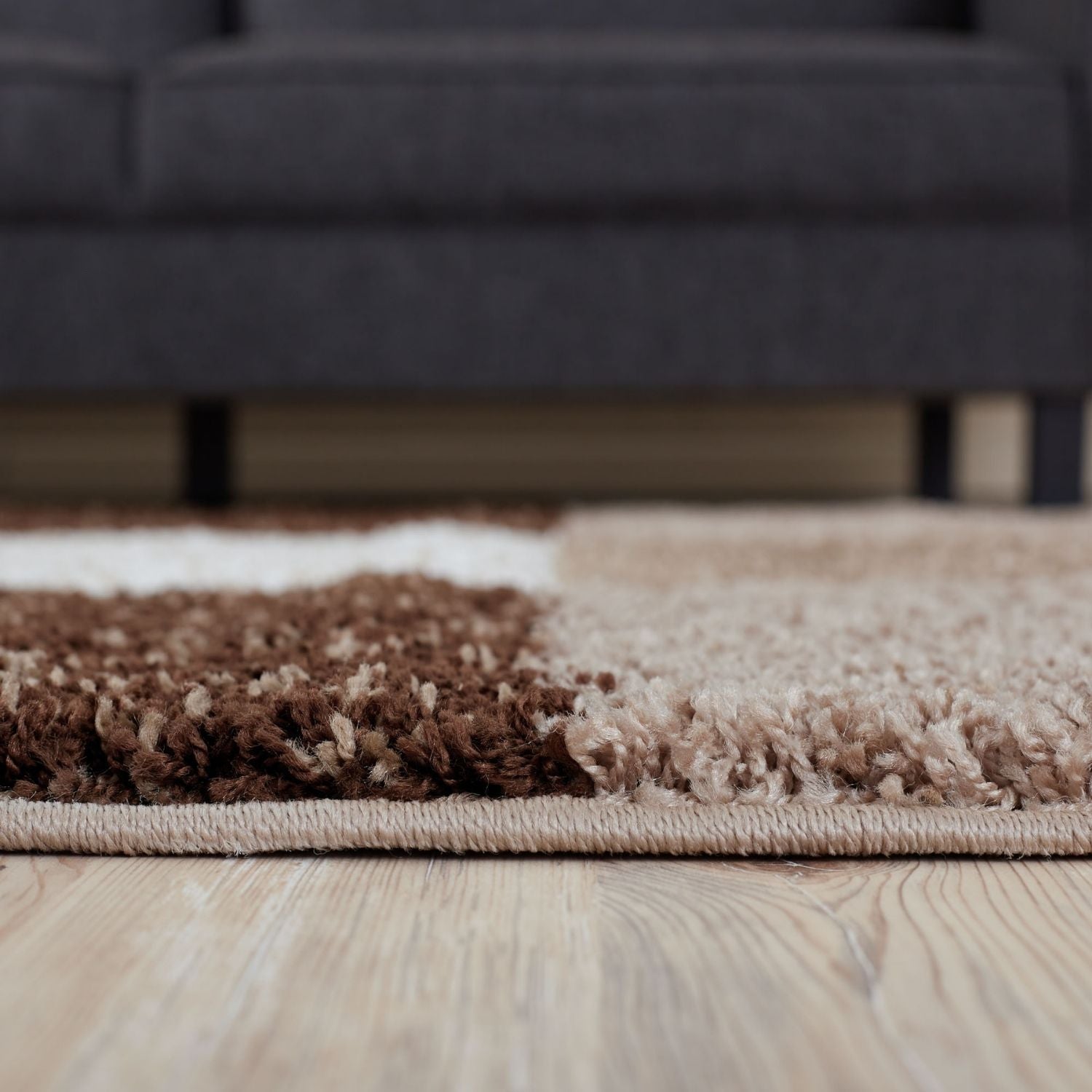 Brown rug with plush shaggy texture in beige and brown tones from myshaggy geometric brown collection