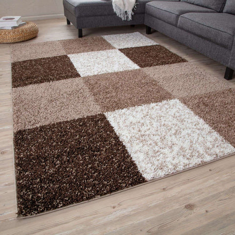 A plush rectangular brown rug with a patchwork design from myshaggy geometric brown collection