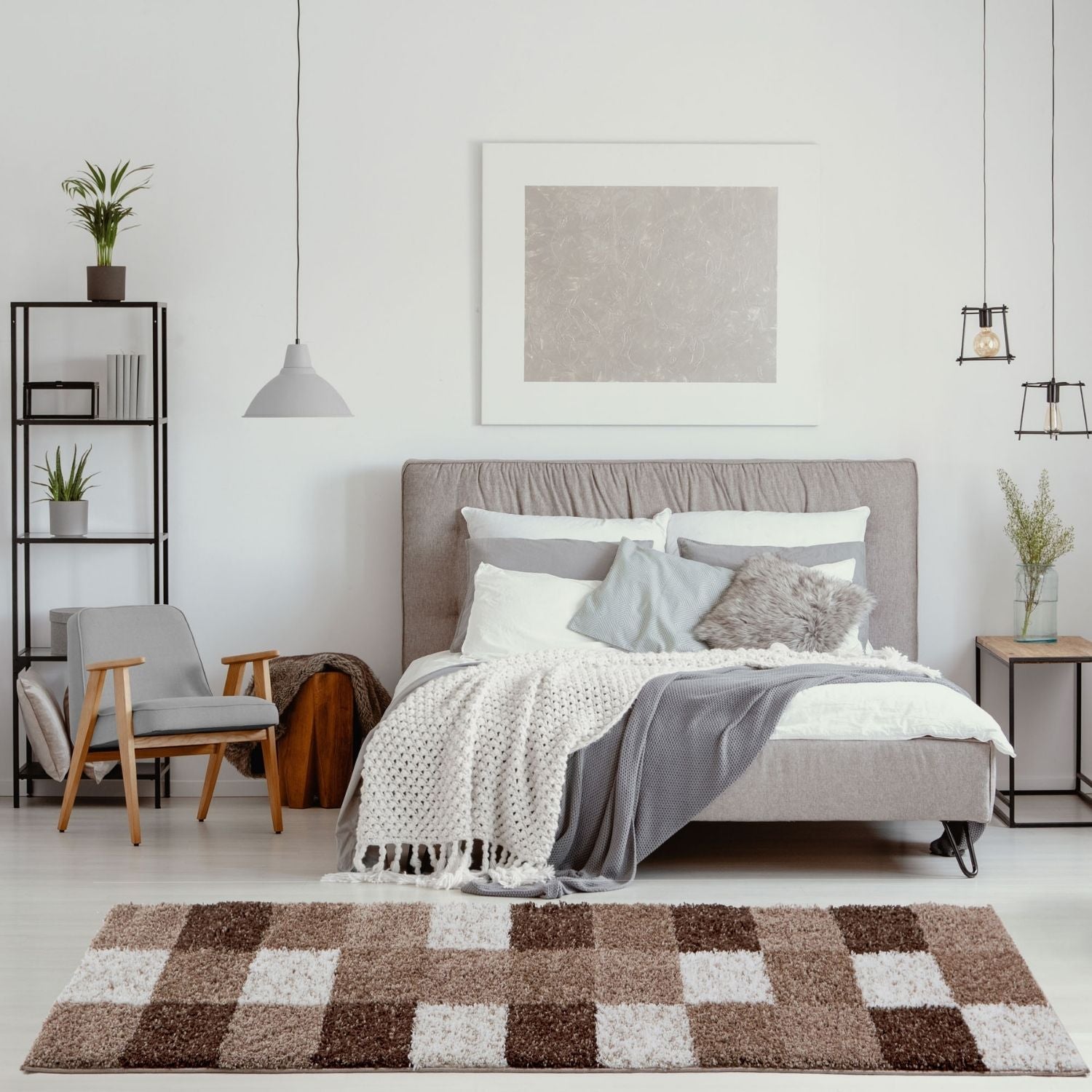 A plush rectangular myshaggy geometric brown rug with a soft texture and alternating brown and beige squares pattern