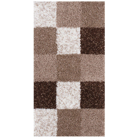 A plush shaggy brown rug with a modern geometric pattern of cream and brown squares myshaggy geometric brown rug