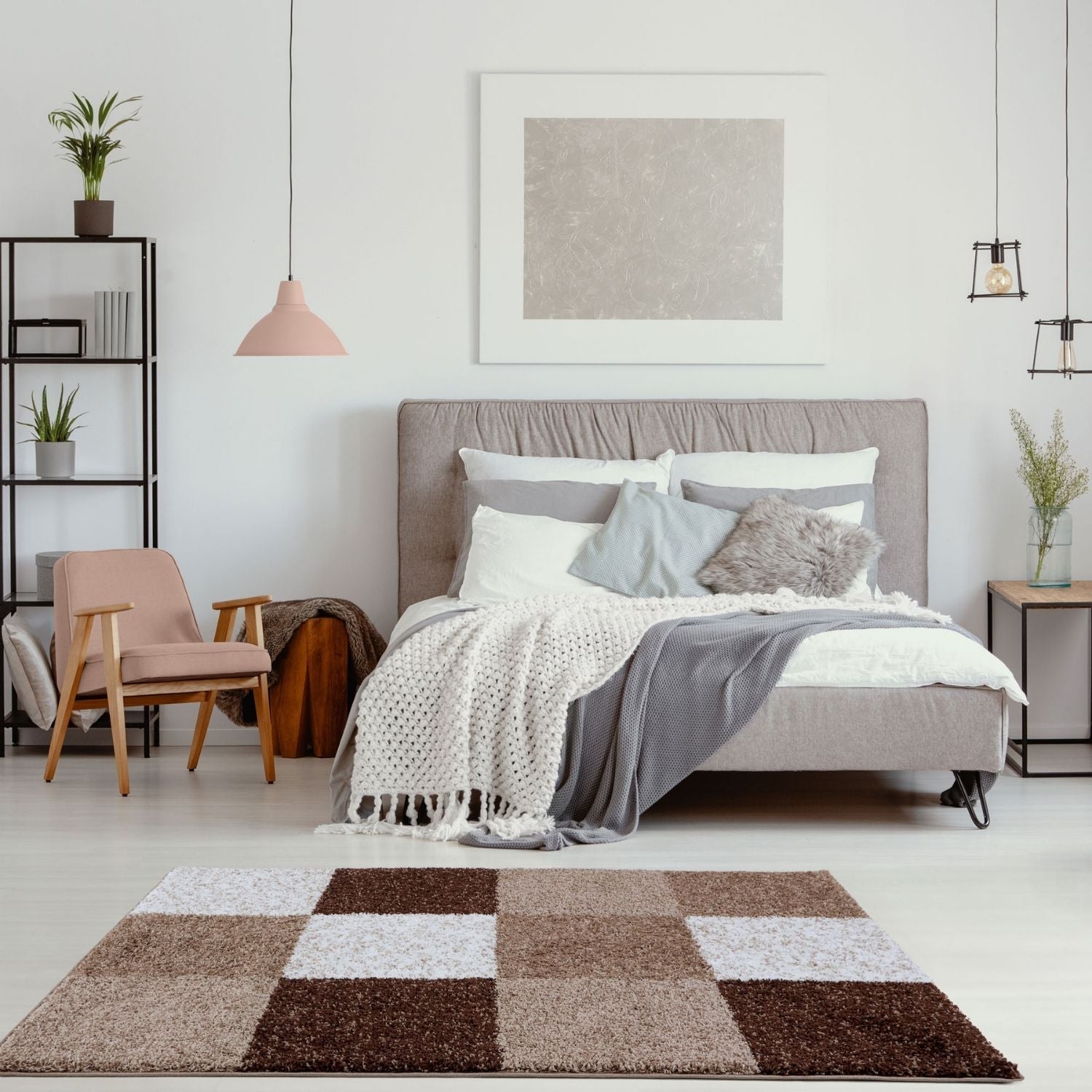 Myshaggy geometric brown rug is a plush shaggy brown rug with a patchwork design of beige and white squares