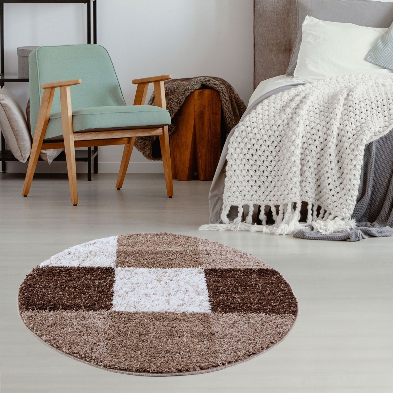 Round shaggy myshaggy geometric brown rug with white and brown square pattern perfect cozy floor decor