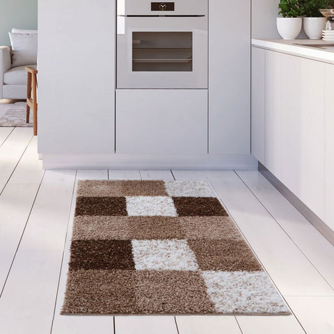 Brown and white checkered shaggy kitchen rug from myshaggy geometric brown rug collection for a cozy home look