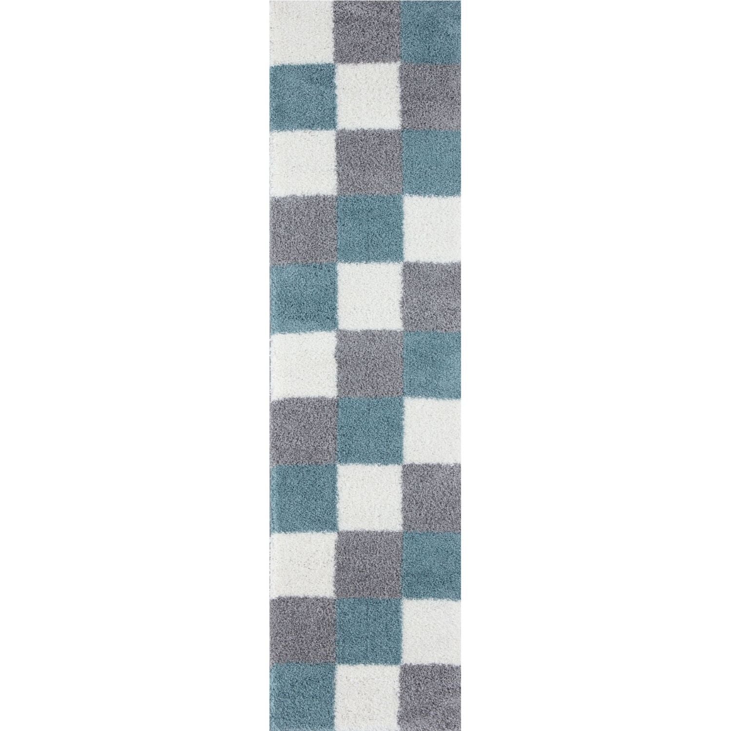 A plush rectangular runner rug with a checkerboard pattern in duck egg blue gray and white perfect for hallways