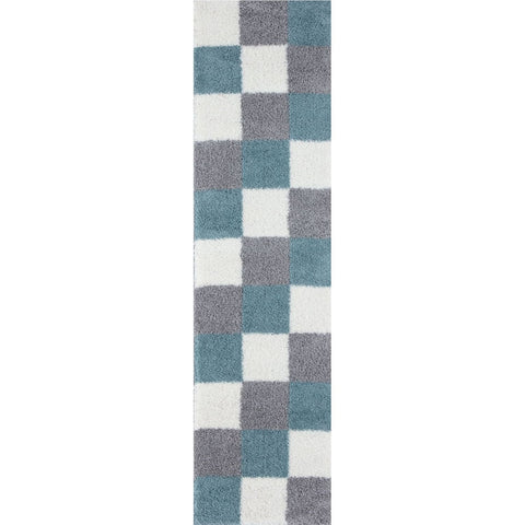 A plush rectangular runner rug with a checkerboard pattern in duck egg blue gray and white perfect for hallways