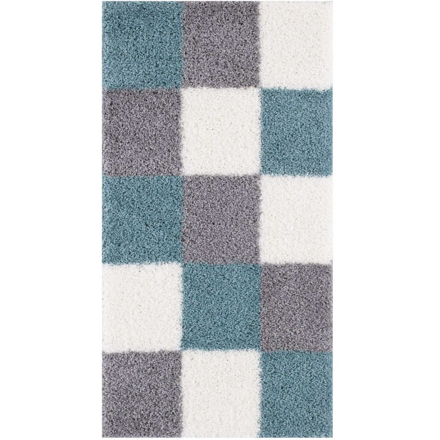 A plush shaggy area rug with a modern checkered pattern in duck egg blue gray and white squares