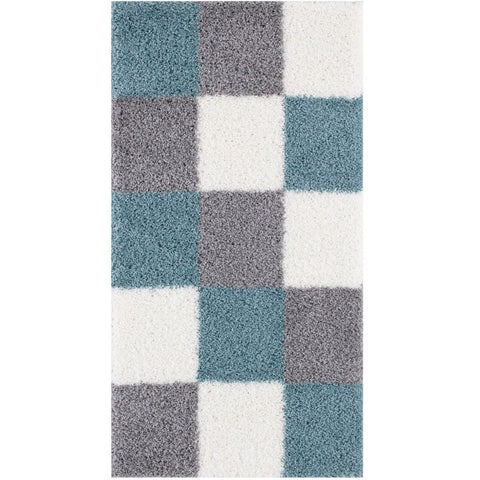 A plush shaggy area rug with a modern checkered pattern in duck egg blue gray and white squares