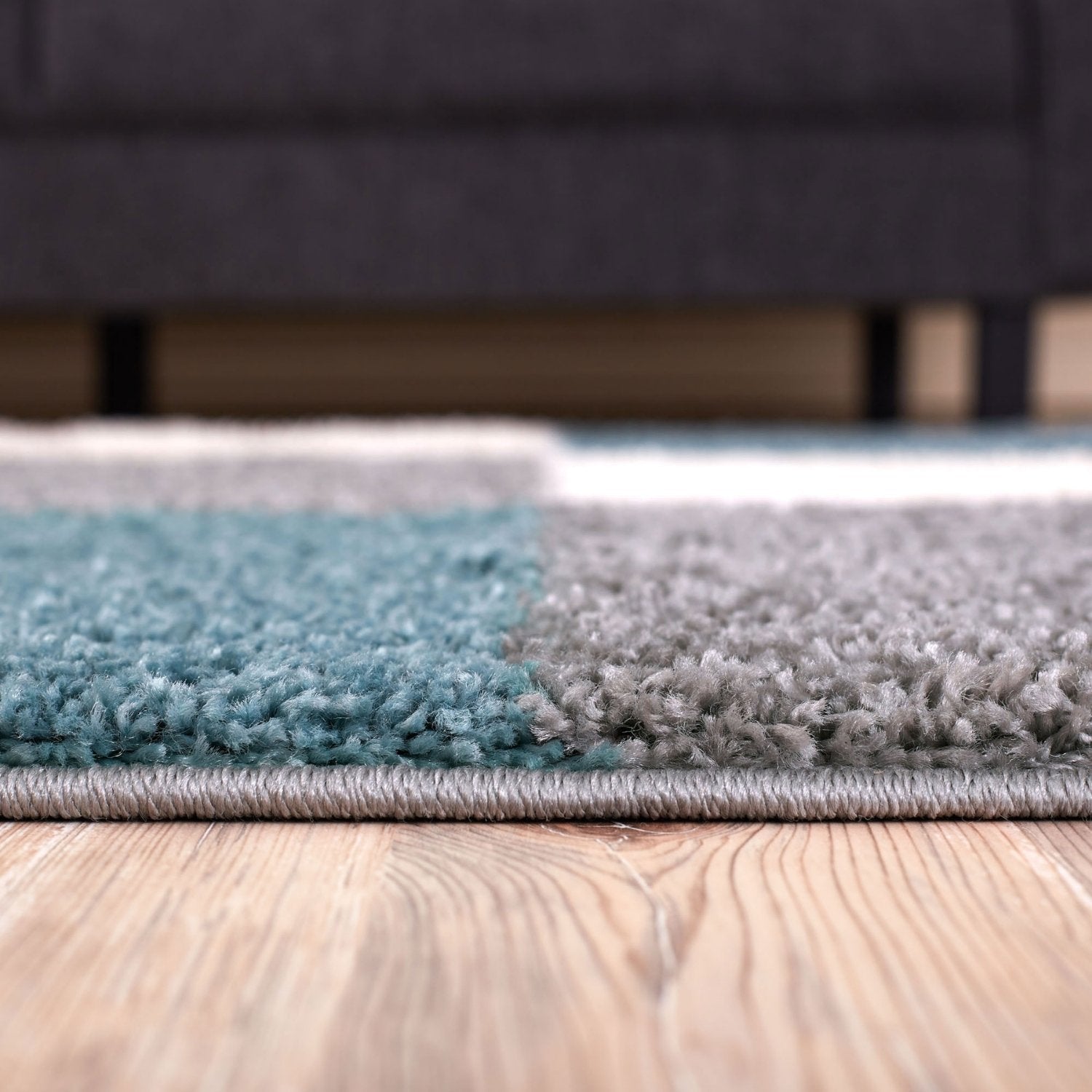 Teal and gray plush area rug with textured looped pile in duck egg blue perfect for cozy home decor