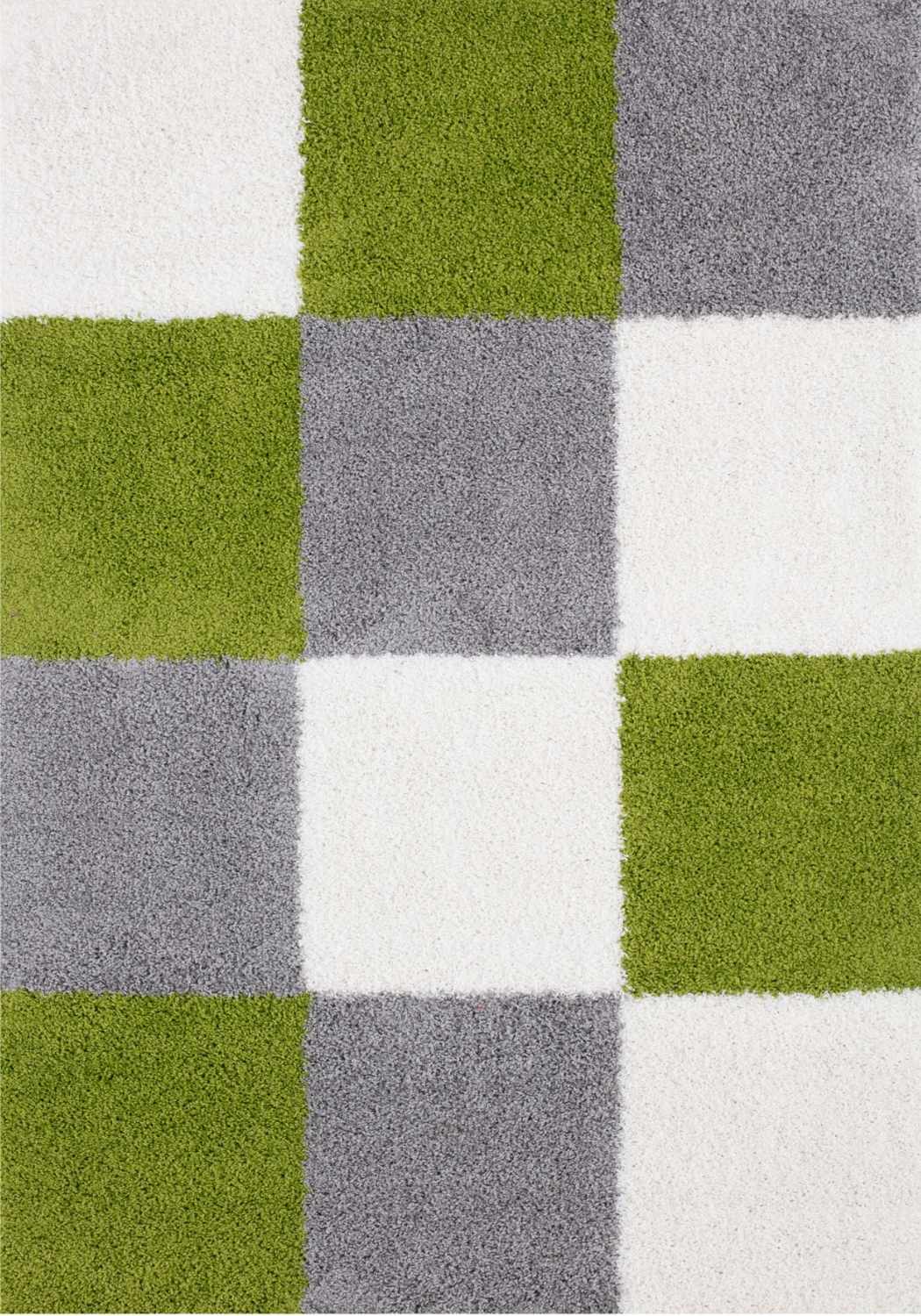 A plush myshaggy geometric green rug with a modern patchwork design in vibrant green gray and white squares