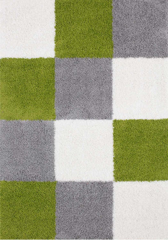 A plush myshaggy geometric green rug with a modern patchwork design in vibrant green gray and white squares
