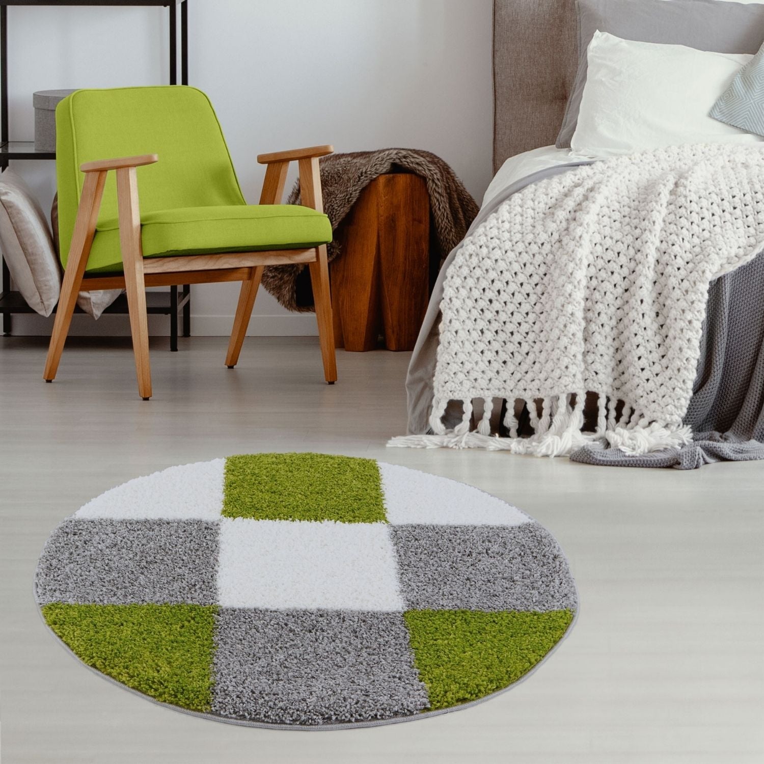 Myshaggy geometric green circular rug with plush shaggy texture in lime green white and gray squares