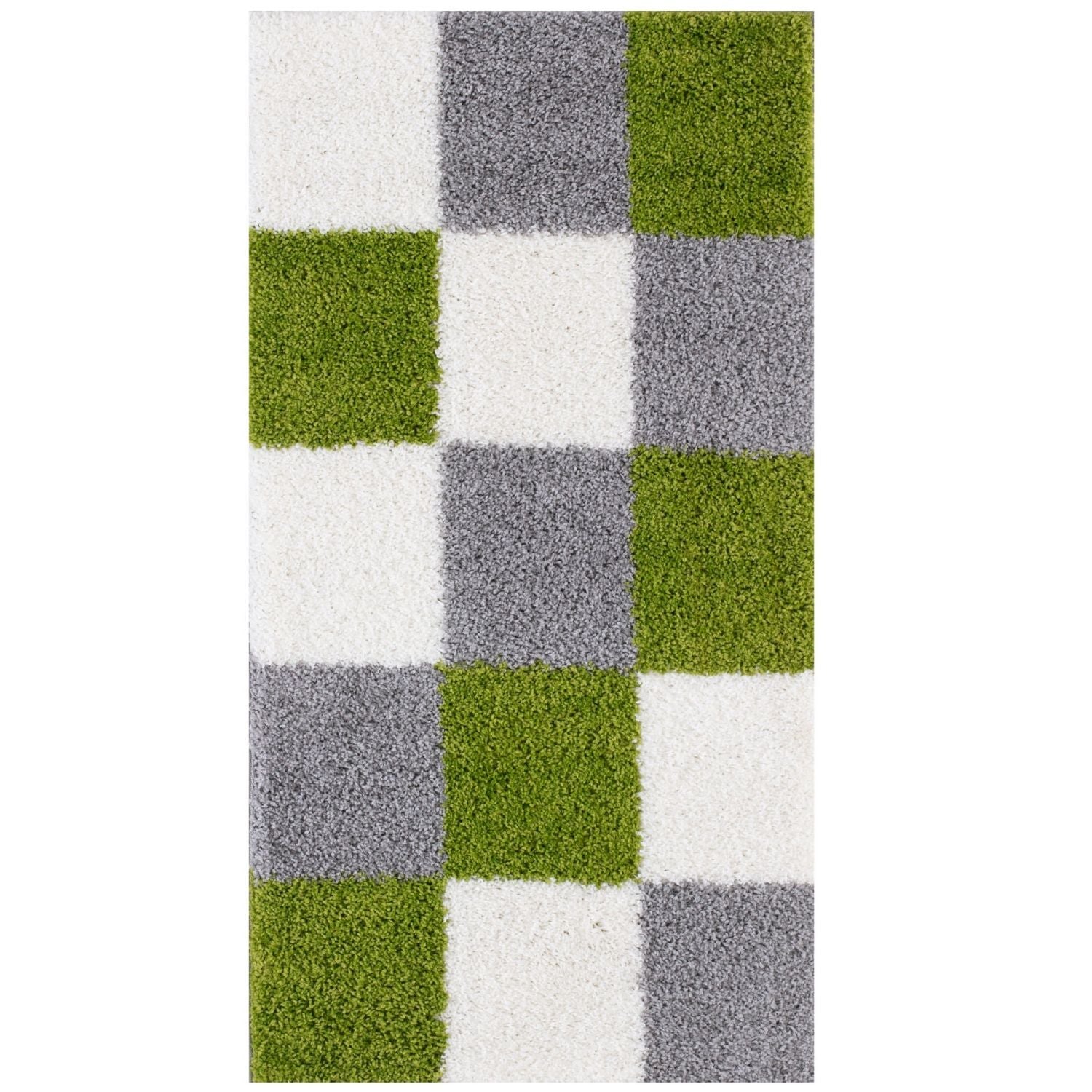 A plush myshaggy geometric green rug with a modern checkered pattern in white gray and olive green squares