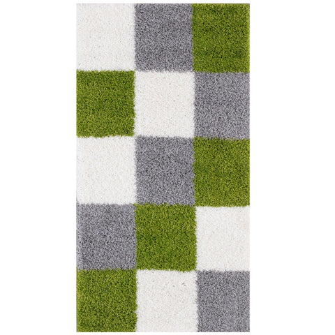 A plush myshaggy geometric green rug with a modern checkered pattern in white gray and olive green squares