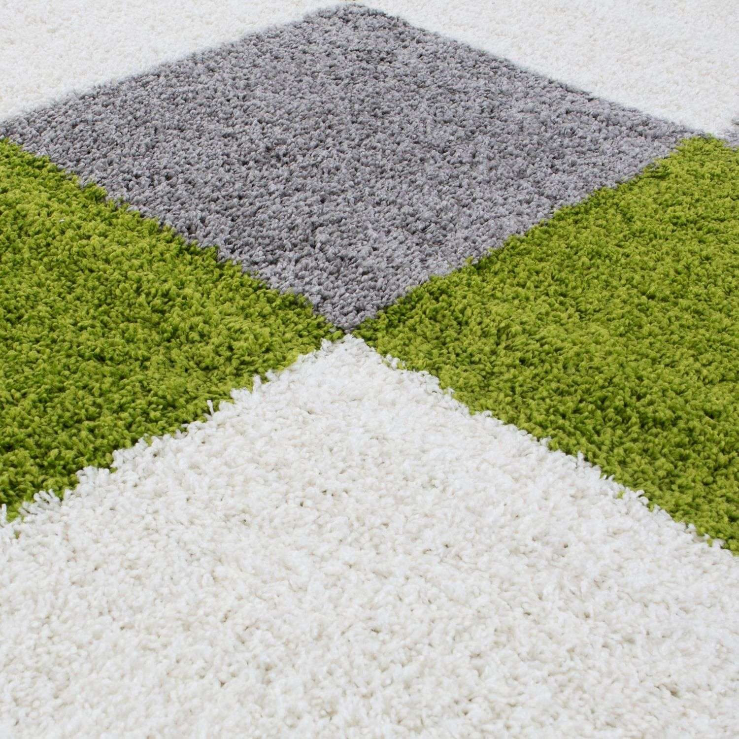 A plush high-pile myshaggy geometric green rug with a white gray and lime green pattern perfect for cozy spaces