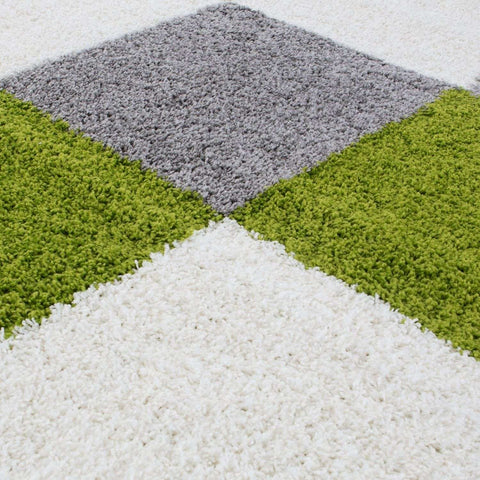 A plush high-pile myshaggy geometric green rug with a white gray and lime green pattern perfect for cozy spaces