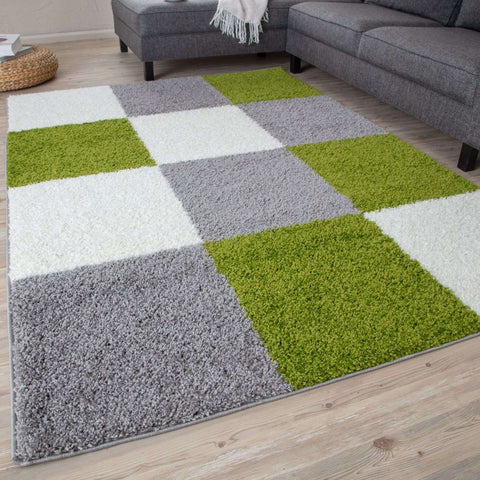 A plush shaggy myshaggy geometric green rug with vibrant lime green white and gray geometric squares