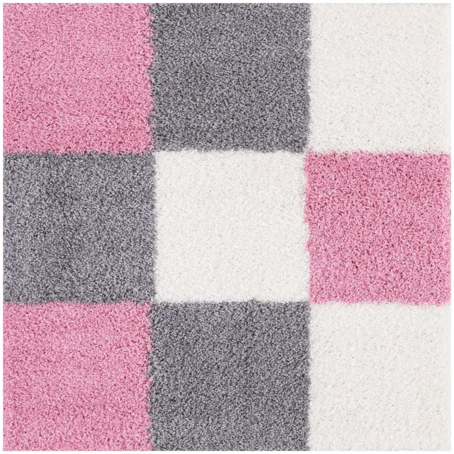 Myshaggy geometric pink plush rug with gray and white checkerboard pattern perfect for cozy home decor