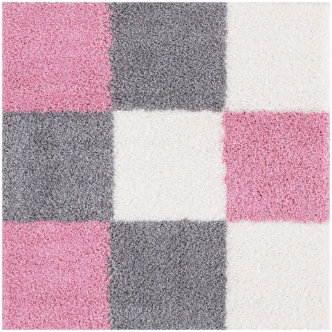 Myshaggy geometric pink plush rug with gray and white checkerboard pattern perfect for cozy home decor