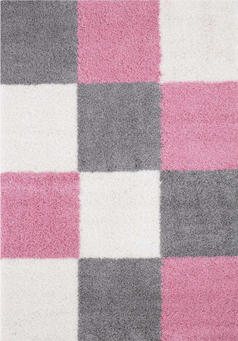 A plush myshaggy geometric pink rug with a modern checkered pattern in shades of pink gray and white