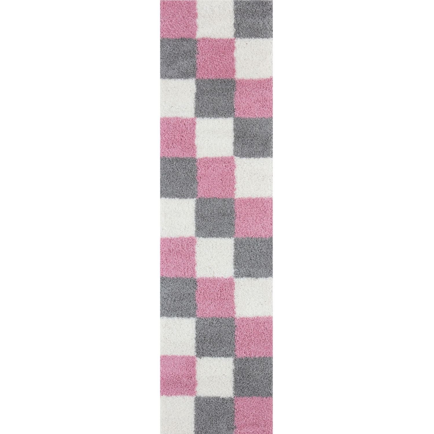 A plush myshaggy geometric pink area rug with a soft checkerboard pattern in pink gray and white squares