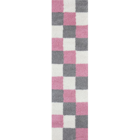 A plush myshaggy geometric pink area rug with a soft checkerboard pattern in pink gray and white squares