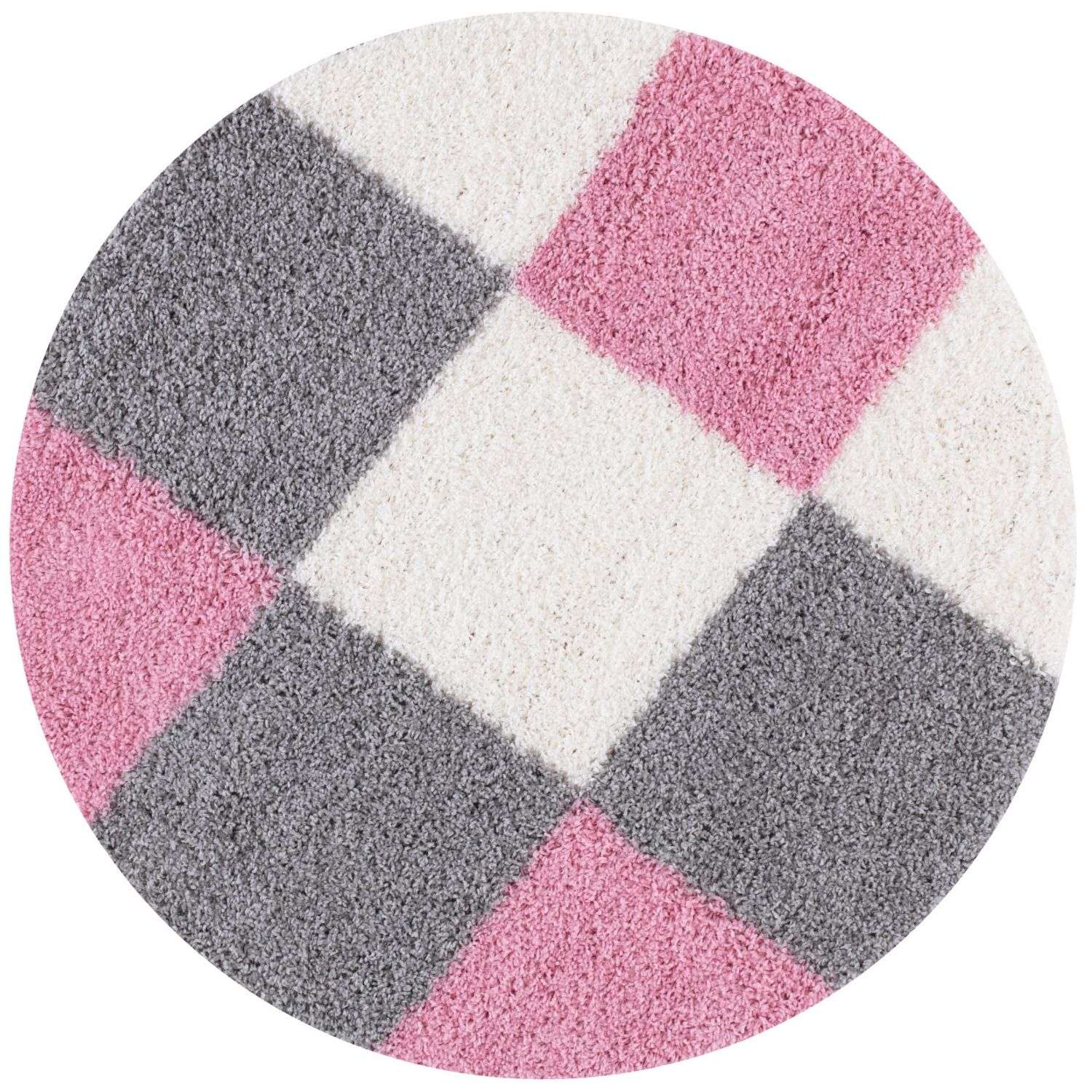 Circular myshaggy geometric pink rug with a shaggy texture and geometric pattern of pink gray and white squares