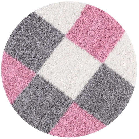 Circular myshaggy geometric pink rug with a shaggy texture and geometric pattern of pink gray and white squares