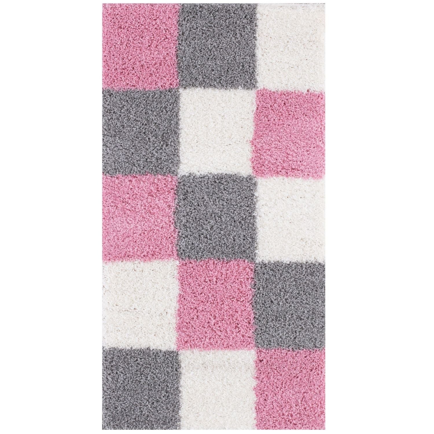A plush shaggy bath mat with a pink gray and white checkerboard pattern from myshaggy geometric pink collection