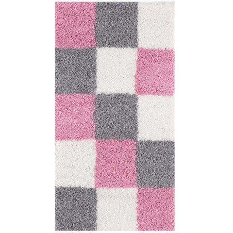 A plush shaggy bath mat with a pink gray and white checkerboard pattern from myshaggy geometric pink collection