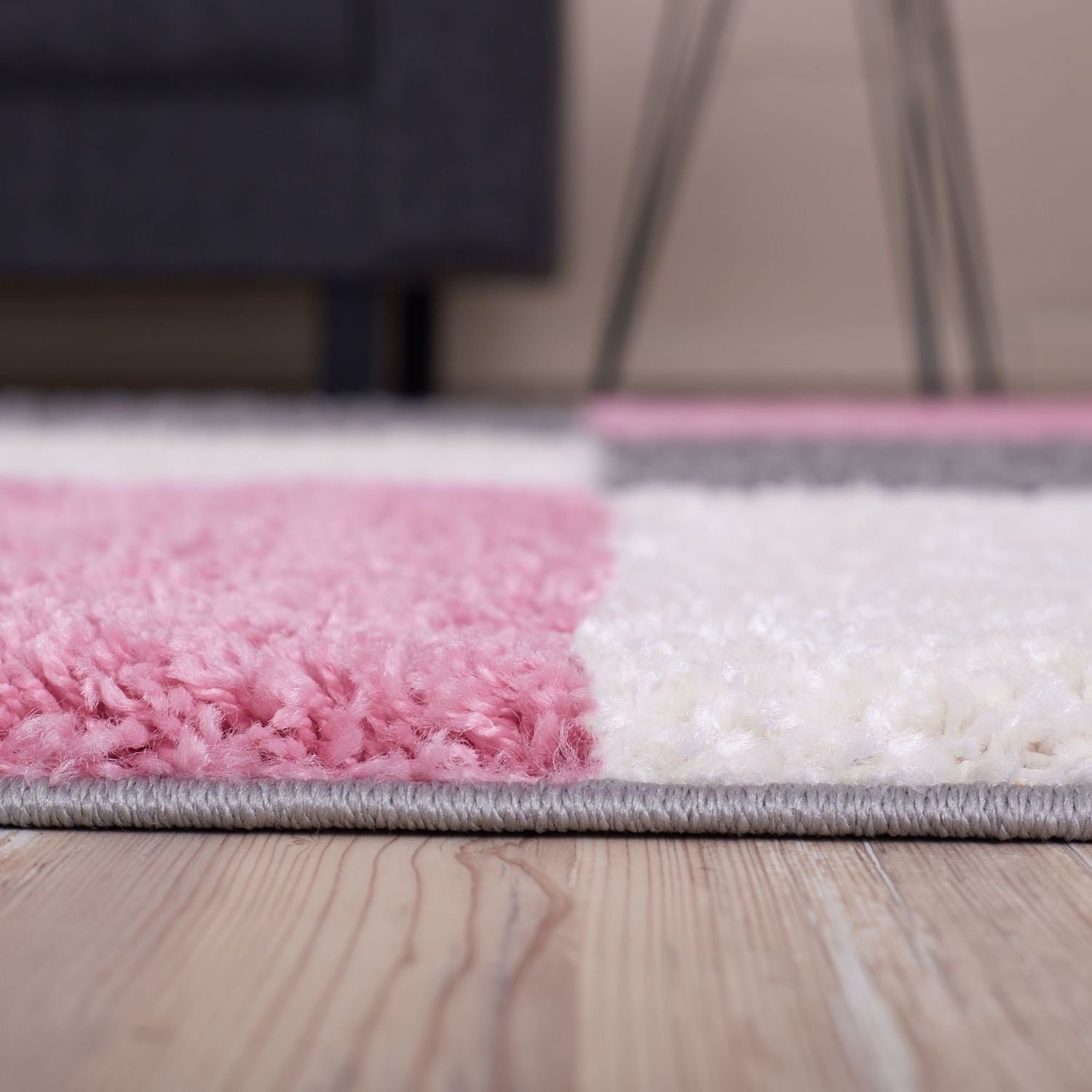 Myshaggy geometric pink shaggy rug with white and pink pile and gray border for cozy living spaces