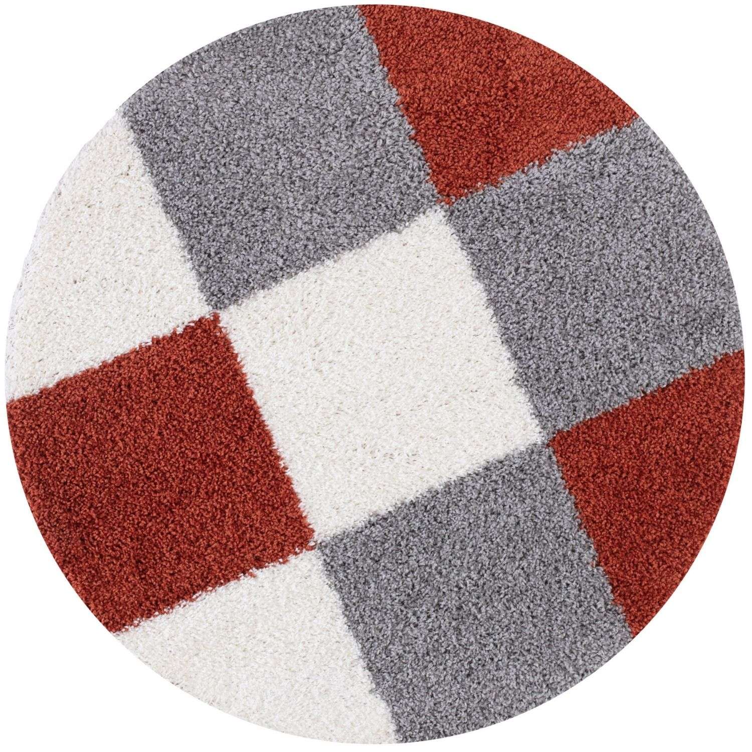 Circular myshaggy geometric terra rug with plush shaggy texture and rust red gray white squares pattern