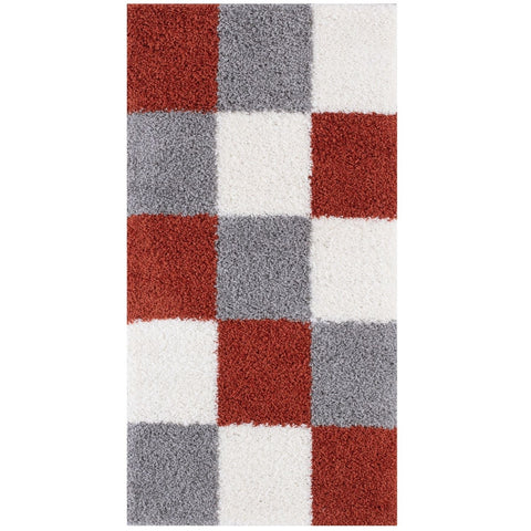 A plush myshaggy geometric terra rug with red gray and white checkerboard pattern perfect for cozy spaces