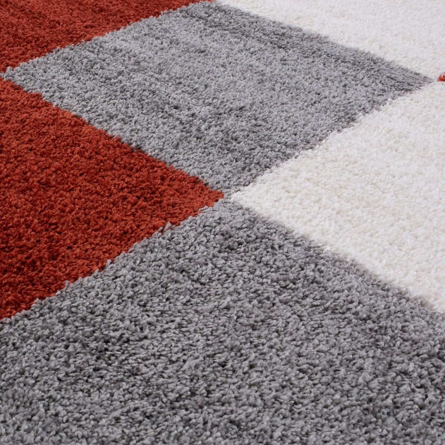 A plush high-pile myshaggy geometric terra rug with bold red gray and white geometric terra sections