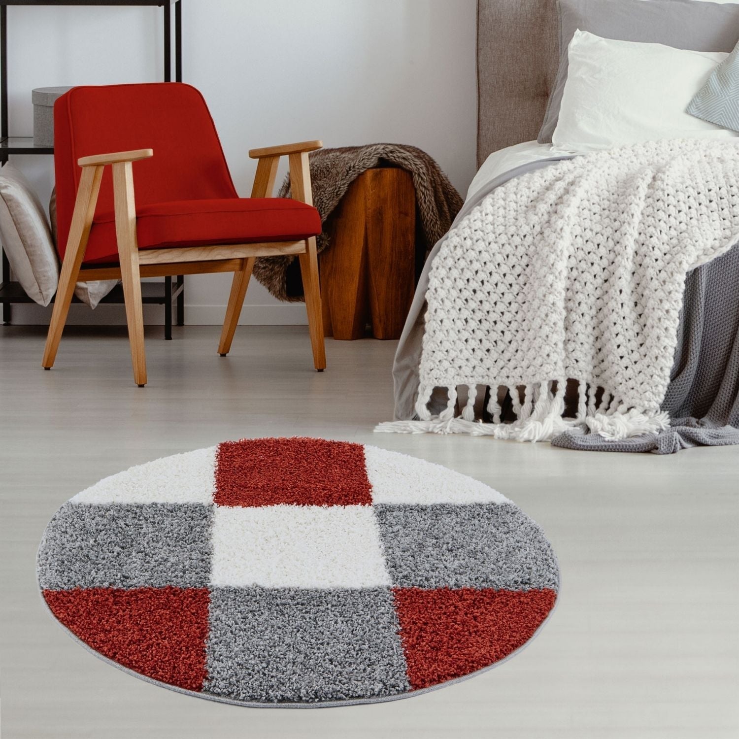Round myshaggy geometric terra rug with plush shaggy texture in red white and gray checkerboard pattern