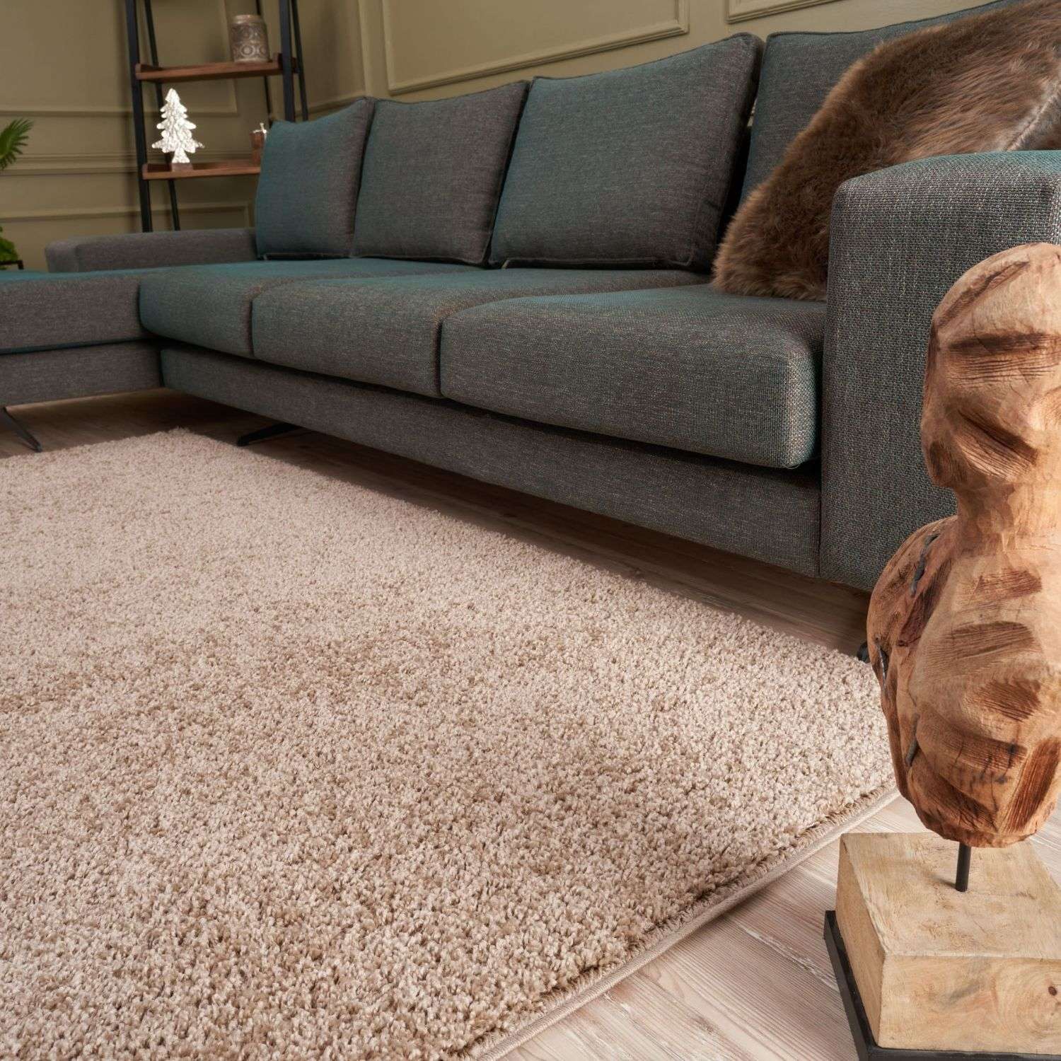 Beige rug myshaggy solid beige with a soft plush surface and neatly finished edges perfect for cozy spaces