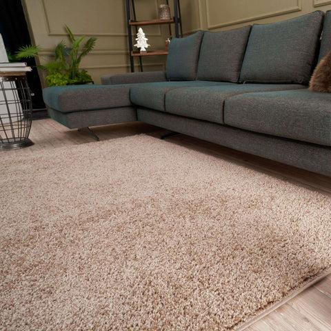 Beige rug myshaggy solid beige with soft plush texture and neatly finished edges for cozy living spaces