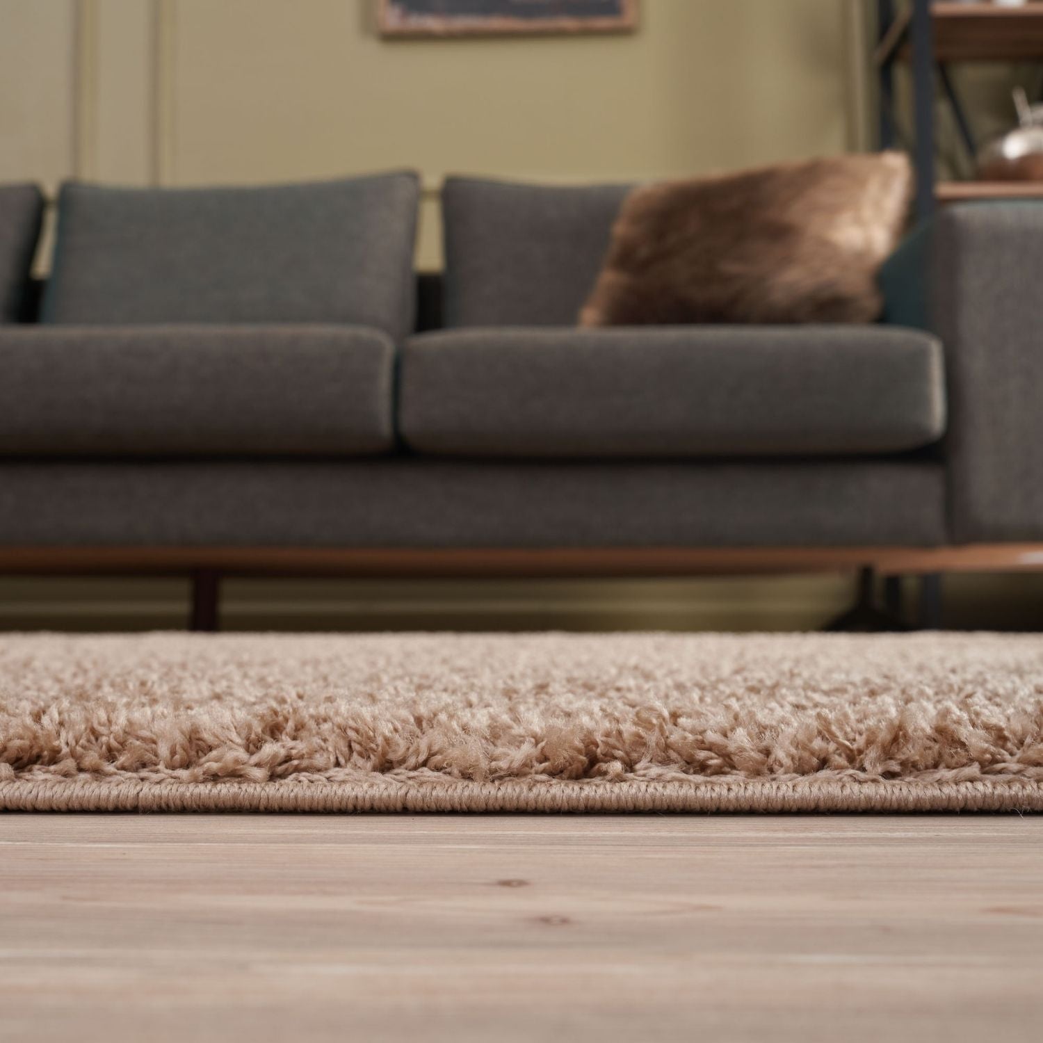 Beige rug myshaggy solid beige with a plush textured surface and neatly finished edge for cozy living spaces