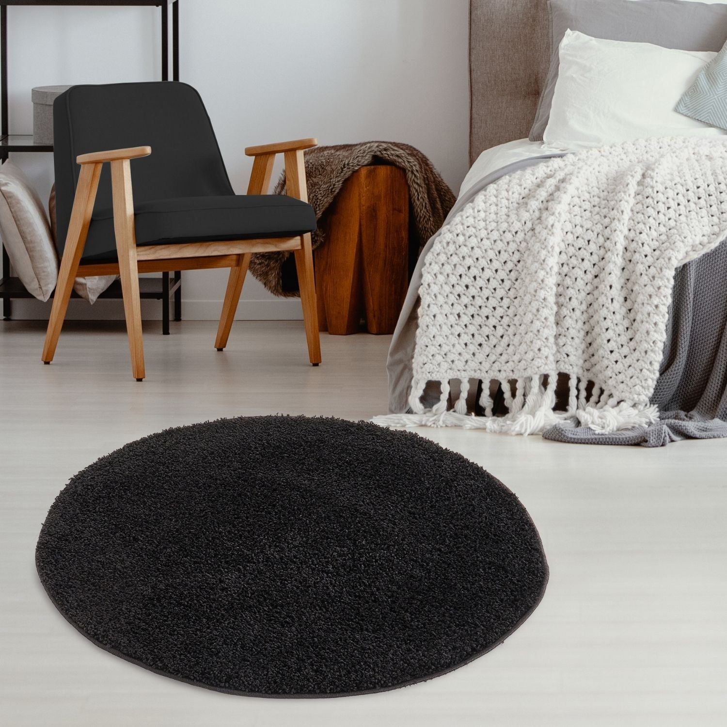 Black rug myshaggy solid black shaggy circular rug perfect for cozy living spaces and modern decor