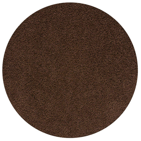 A circular myshaggy solid brown rug with plush dense texture perfect as a cozy brown rug for any room