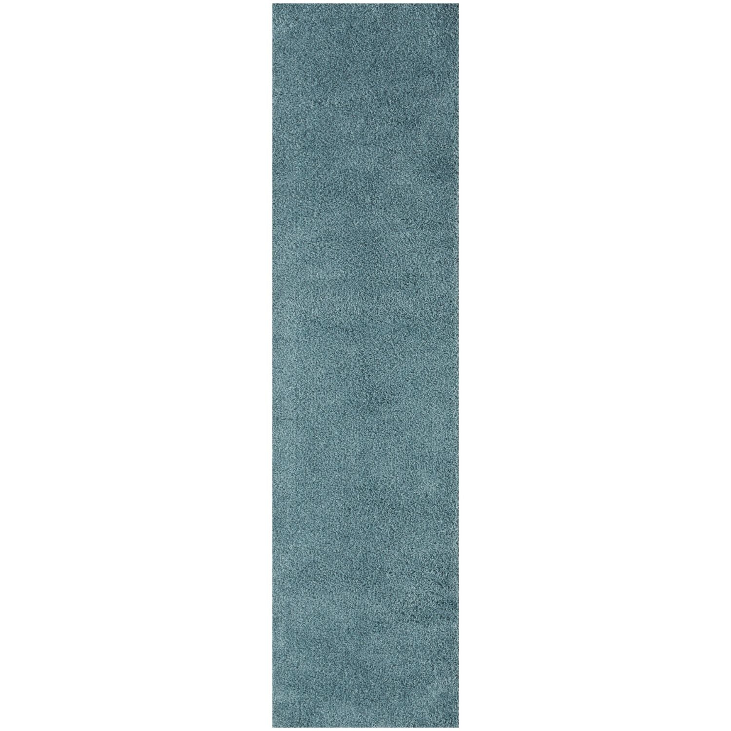 A plush solid duck egg blue runner rug with soft shaggy texture perfect for cozy home spaces