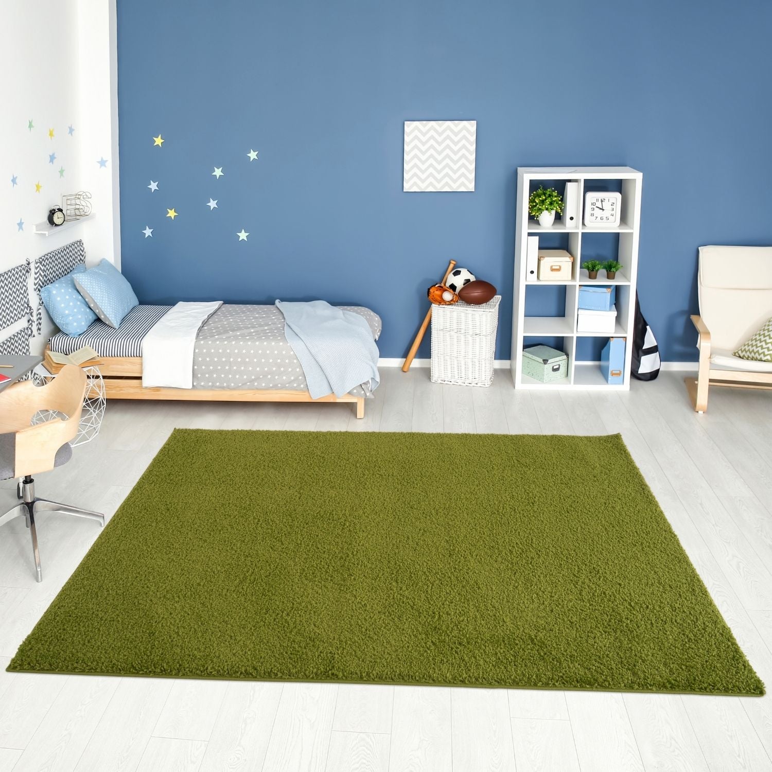 Myshaggy solid green plush 30mm pile rectangular rug in olive green perfect for cozy home decor