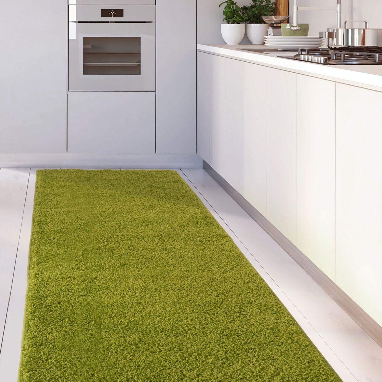 A plush 30mm pile myshaggy solid green rug with soft shaggy texture on a kitchen floor solid green rug
