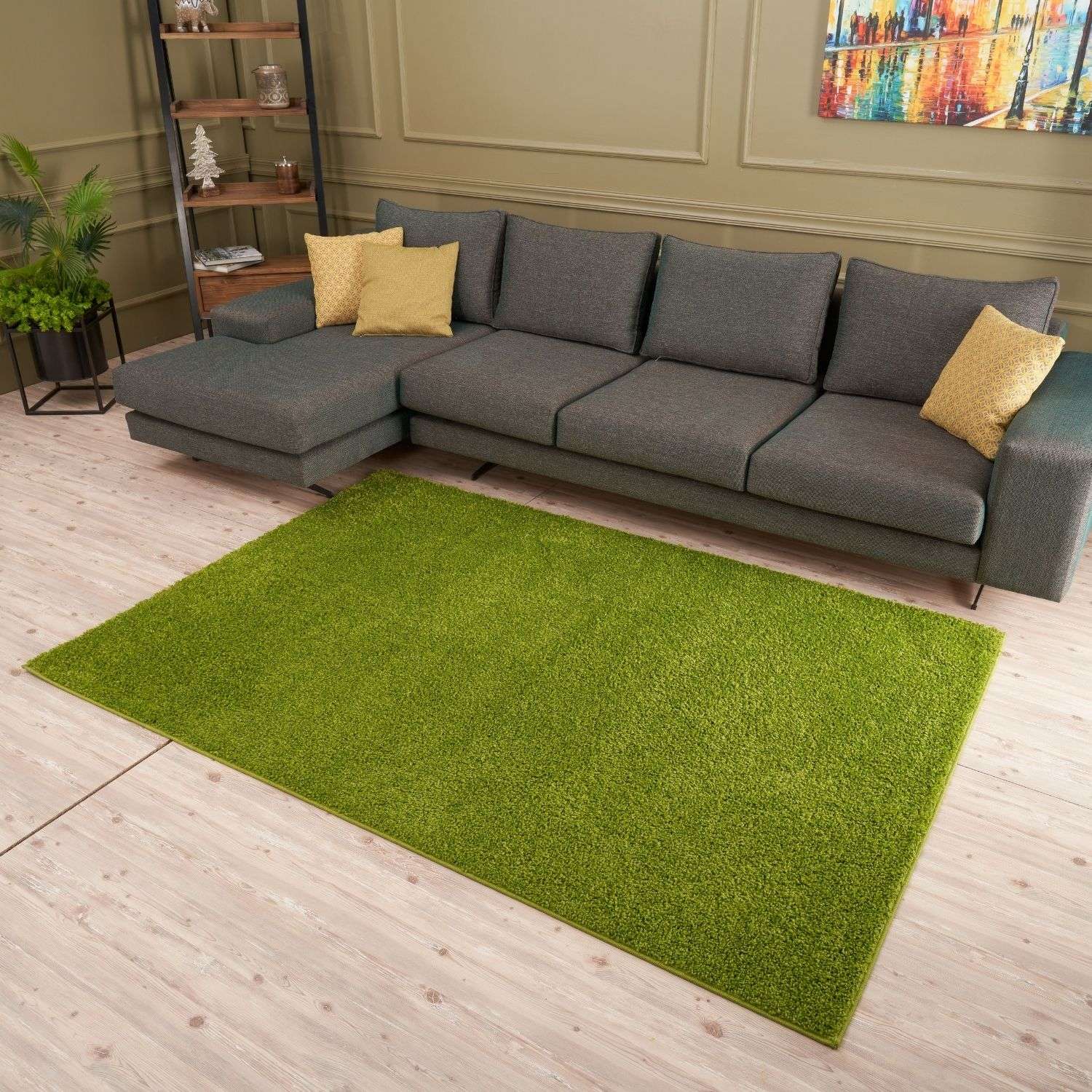 Vibrant myshaggy solid green rug with plush 30mm pile and shaggy textured surface perfect for cozy spaces