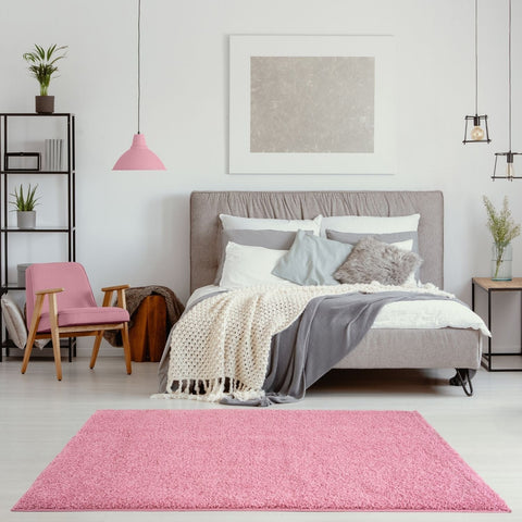 Soft pink shaggy area rug showcasing the myshaggy solid pink design perfect for cozy home decor