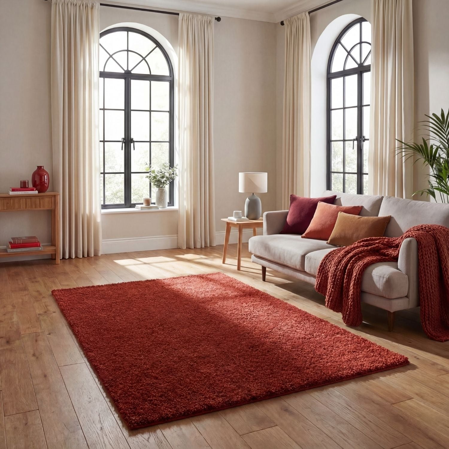A plush deep red shaggy area rug with soft texture lies on wooden floor myshaggy solid terra solid terra rug