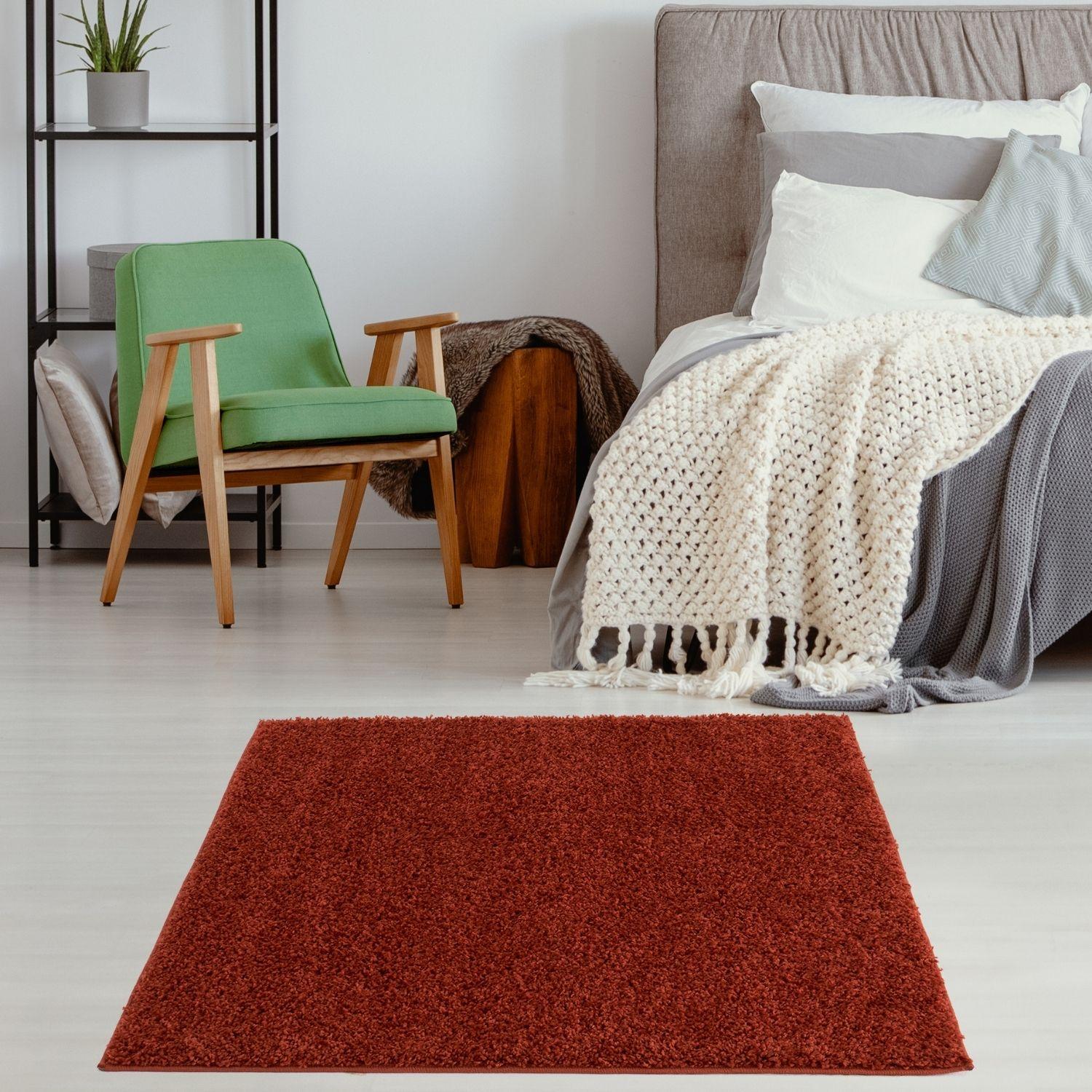 A plush rectangular myshaggy solid terra rug with dense shaggy texture in terracotta color lies centered in foreground
