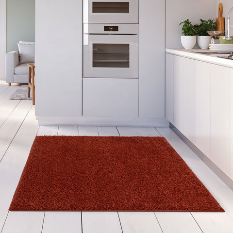 A plush rust-colored myshaggy solid terra rug with soft shaggy texture on a white wooden floor