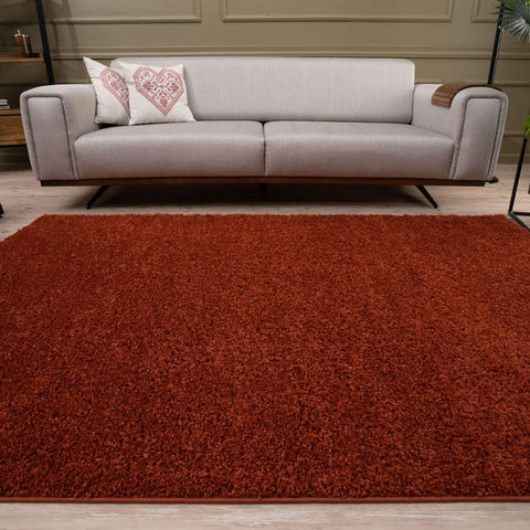 Rich rust-colored plush shag rug with dense uniform pile and finished edges from myshaggy solid terra collection