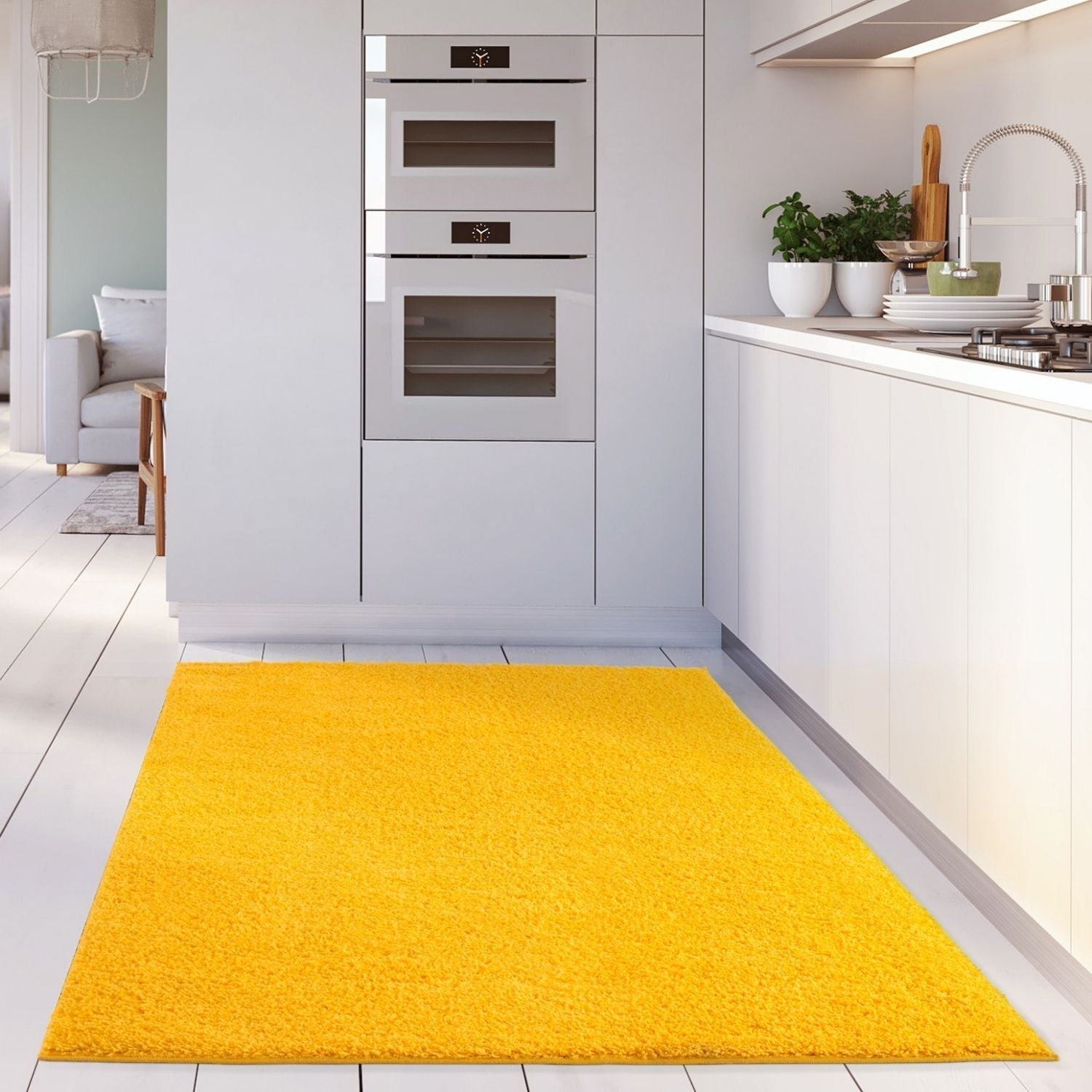 Bright yellow plush shaggy area rug from myshaggy solid yellow collection perfect for cozy home decor