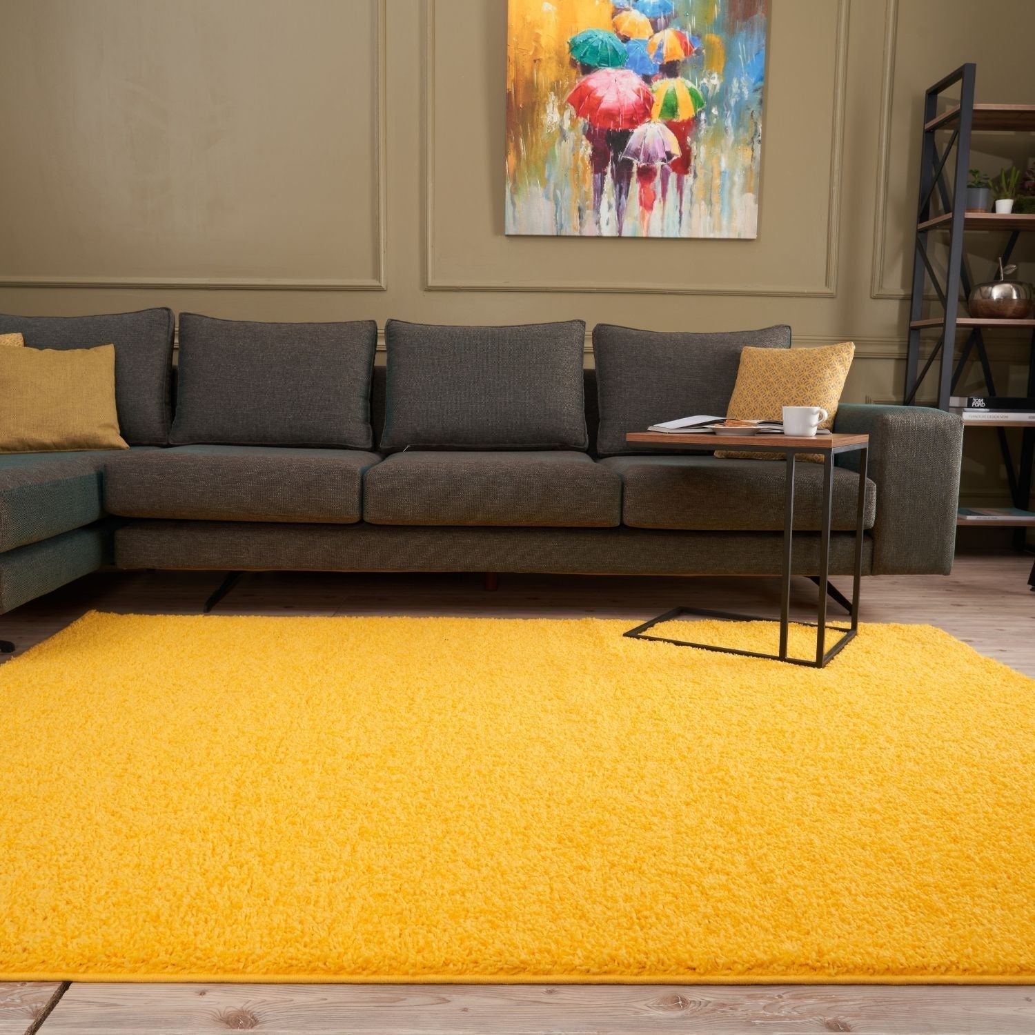 Bright yellow shaggy area rug with plush textured surface perfect for cozy floors from myshaggy solid yellow collection